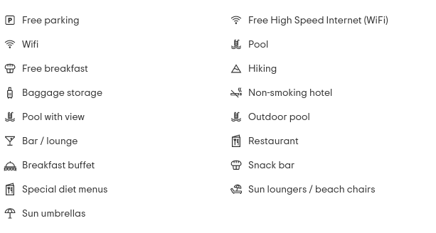 List of all property amenities: free wifi, pool, snack bar, sun,loungers, Free breakfast, Restaurant, Breakfast buffet, Hiking, Non-smoking hotel, Special diet menus, Sun umbrellas
