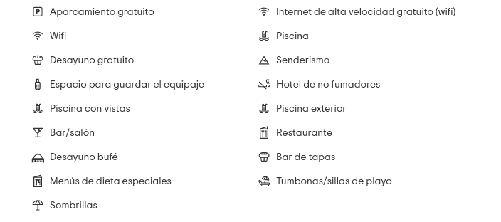 Listado de todos los servicios del pueblo: aparcamiento gratuito, wifi gratuito, desayuno gratuito, consigna de equipaje, piscina, desayuno, sombrillas, restaurante, snack bar, tumbonas, excursiones